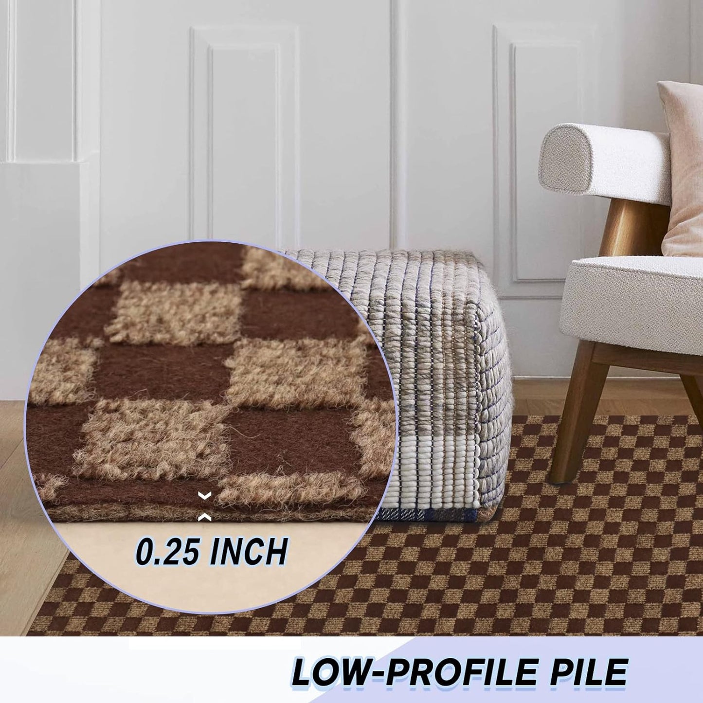 Custom Size Backed Non-Slip Area Rugs Runner, Easy Clean, Waterproof Runner Rugs for Hallway Entryway, Kitchen, Laundry, 2FT x 17FT, Brown Checkered