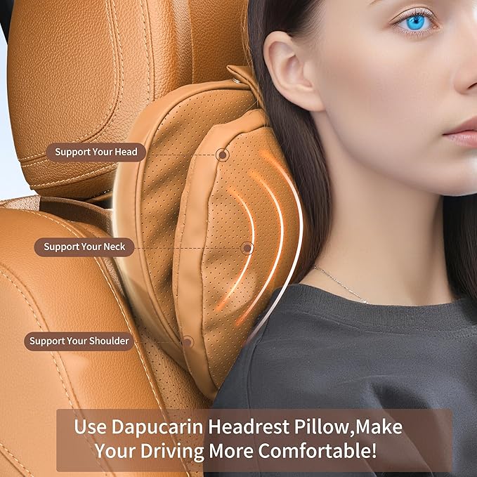 Car Headrest Pillow for Driving, Dual-Sided Leather Design Neck Pillow, Breathable Softness Neck Support, Universal Fit Head Rest Travel Pillow, Palomino Brown, 2 Pack