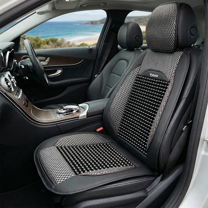 Beaded Car Seat Cover – Wooden Bead Massage Support with Breathable Cooling Mesh – Universal Fit for Sedan, SUV & Truck (1 Pack, Royal Black)
