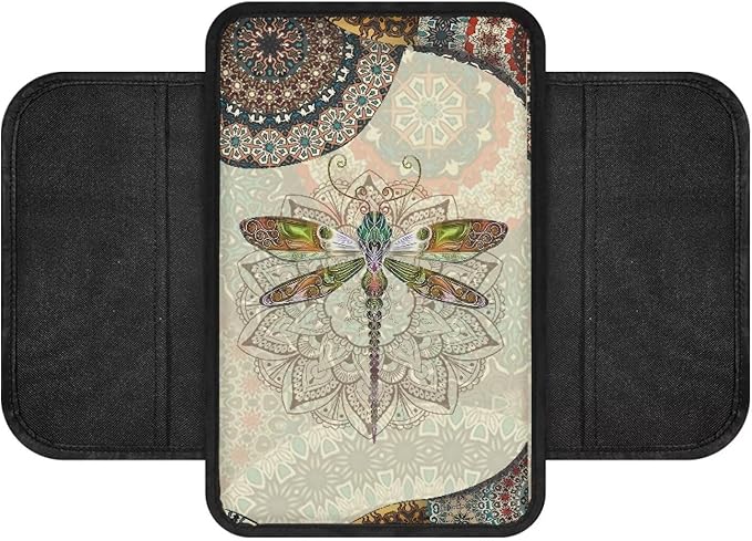 Bohemian Mandala Dragonfly Pattern Car Armrest Cover Non-Slip Auto Center Console Pad Stretchy Car Armrest Cover Cushion Universal Fit for Most Cars Sedan Truck SUV
