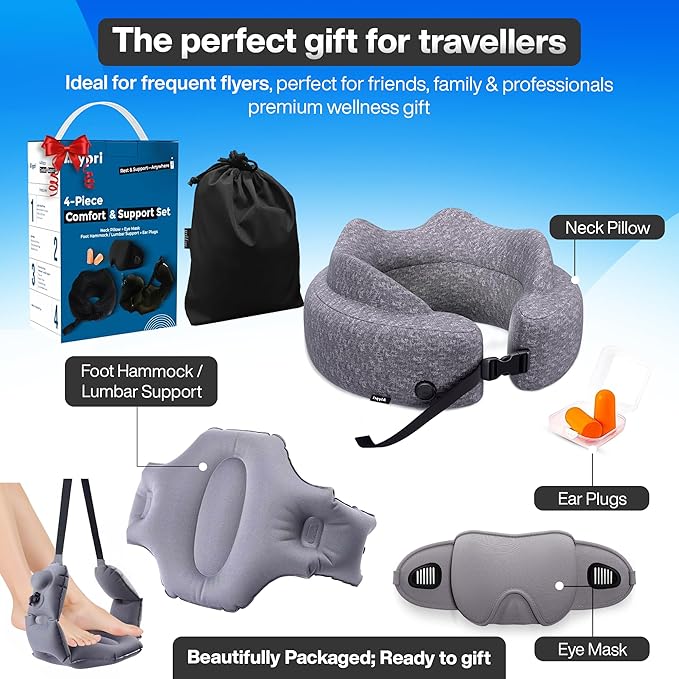 4-in-1 Travel Comfort Set Inflatable Neck Pillow, Convertible Lumbar Support & Foot Hammock, 3D Sleep Mask & Ear Plugs Complete Comfort Kit for Airplane, Office & Car Gift-Ready (Gray)