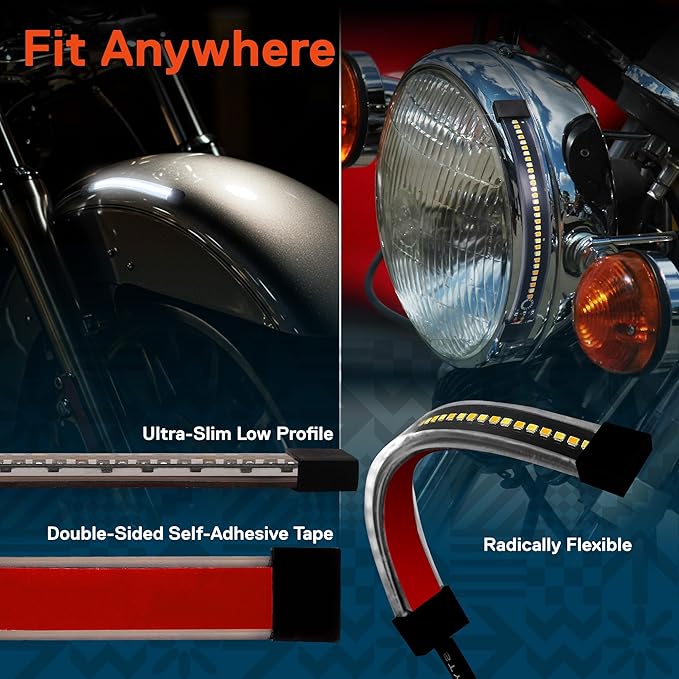 TRUE MODS 2pc 5" LED Motorcycle Front Fork Switchback Cold White DRL Running & Amber Turn Signal Light Strip Kit [Waterproof] [Blinker] Flexible Self Adhesive Universal Surface Mount for UTV ATV Bike