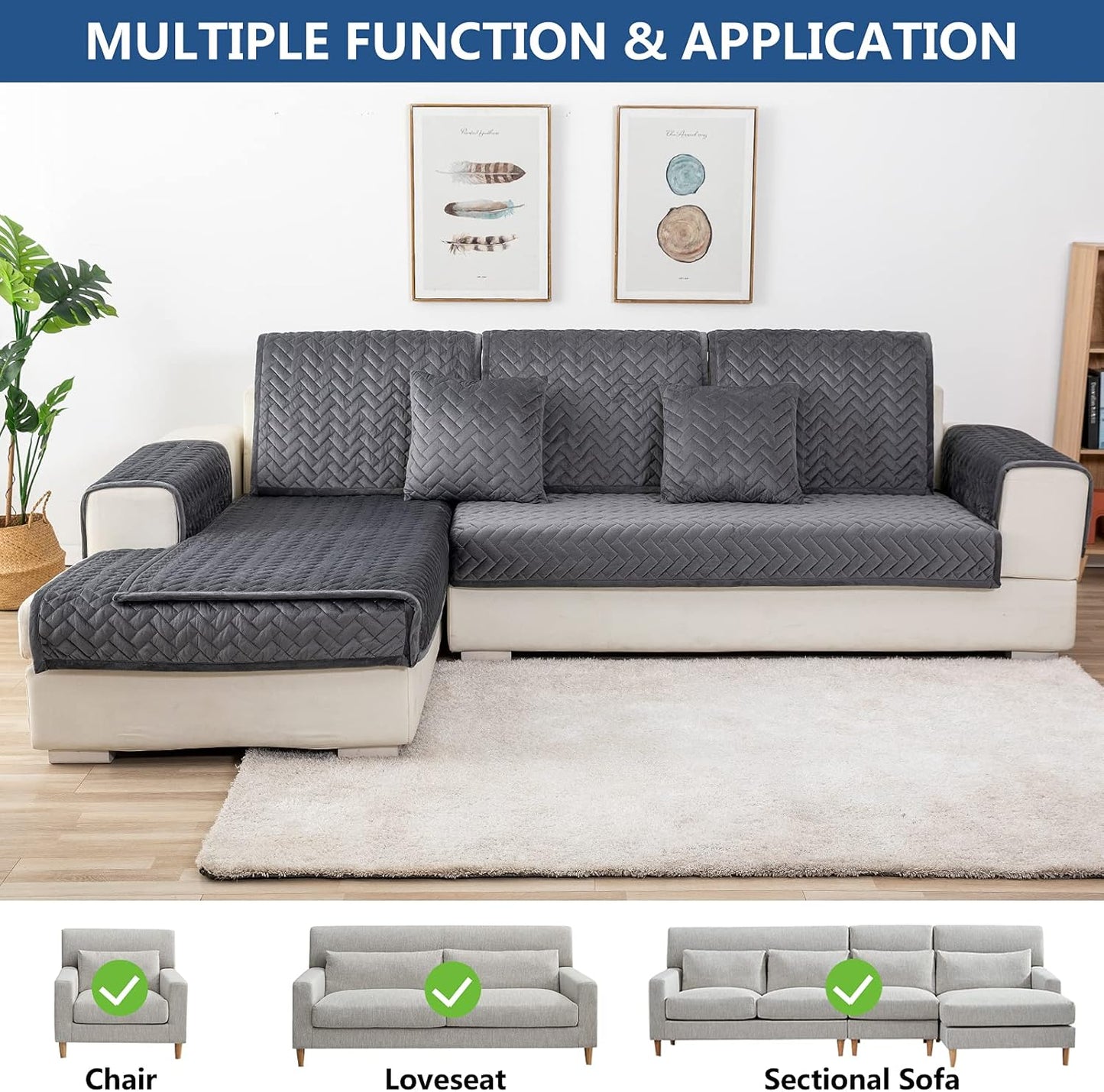 Eismodra Couch Cover,Sectional Couch Covers,Sofa Covers for 3 Cushion Couch,Anti-Slip Sofa Slipcovers for Dogs Cats Kids Loveseat Recliner L Shaped Armrest Backrest,Dark Gray 36''x36''(Only 1 Piece)