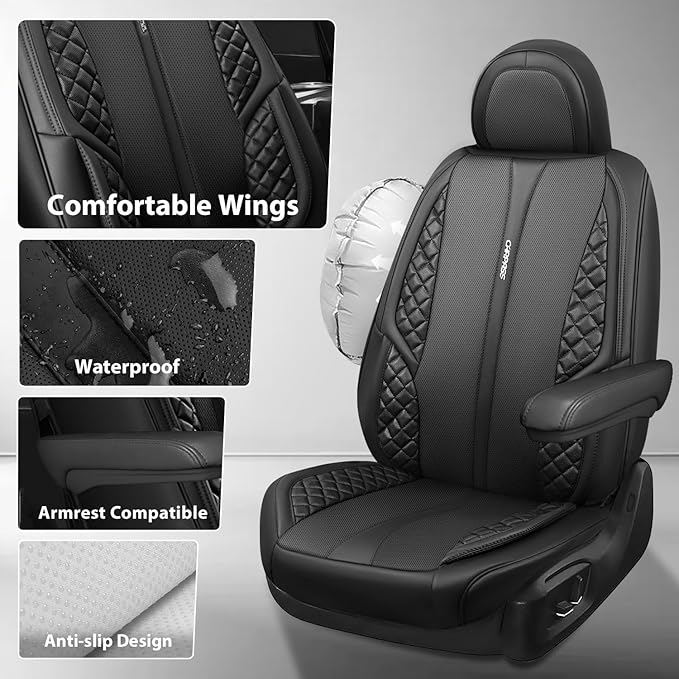 CAR PASS Nappa Leather Car Seat Covers Front Seats Only, Luxury PU Leatherette Seat Covers 2 Pack Waterproof Durable Car Seats Cushion Protector Universal Fit for Sedan SUV Pick-up Truck Van All Black