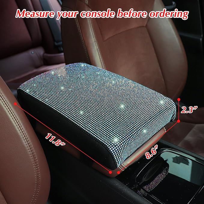 Bling Car Armrest Cover with Memory Foam Cushion Pad & Rhinestones, Universal Diamond Center Console Cover for Cars, Bling Middle Console Cover, Bling Car Accessories for Women, AB Color
