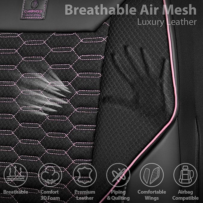 CAR PASS 3D Foam Mesh Leather Car Seat Covers Front Seats,Breathable Mesh Front Seat Covers for Women,Universal Fit for Cars SUV Truck Sedan Van Automotive, Armrest Airbag Compatible,Black and Pink