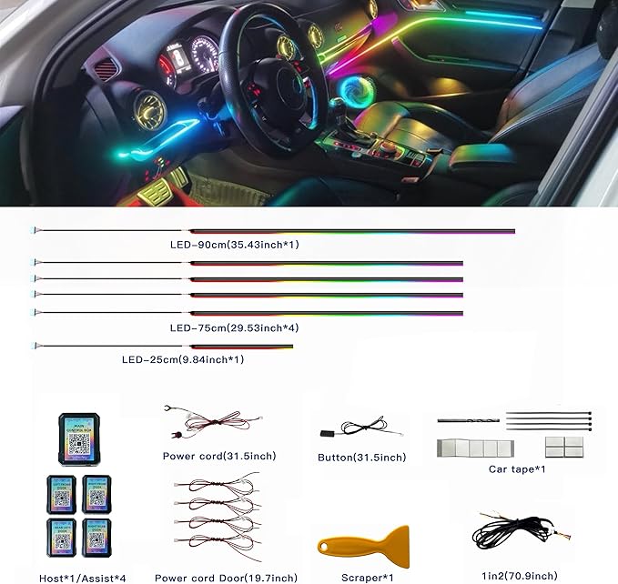 Acrylic Interior Car LED Strip Lights,dreamcolor 6-in-1 Car Ambient Lighting Kit, with APP Control, 622 LED Fiber Optic Strip Lights for Cars,Supports Neon Sync with Music DIY Mode.