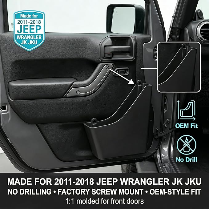 Front Door Grab Handle Pocket Organizer Compatible with 2011-2018 Jeep Wangler JK JKU Rubicon Sahara 2/4-Doors Accessories, Door Side Hanging Storage Box Expansion Accessories