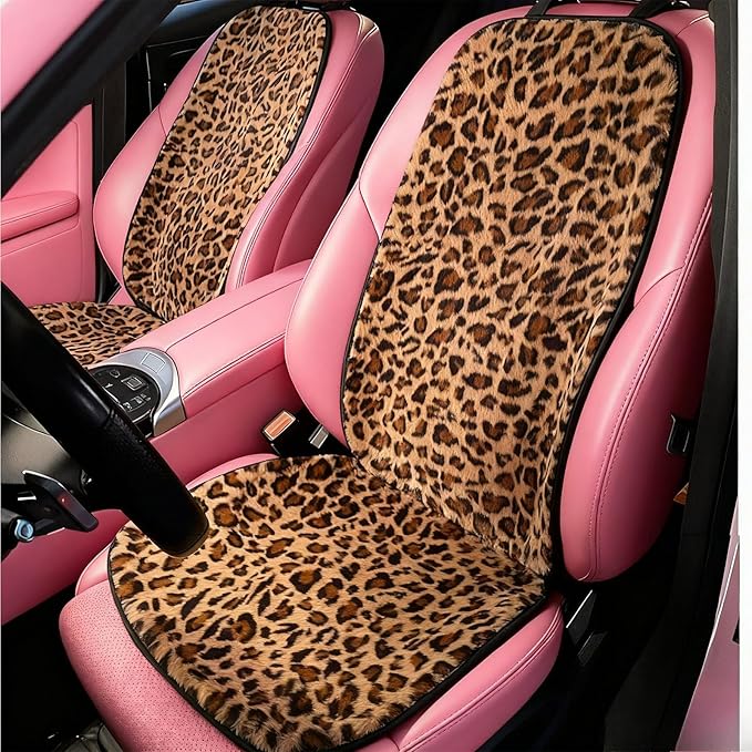 Leopard Print Car Seat Covers Fluffy Front Rear Car Seat Covers Set Lumbar Support Pillow Car Accessories for Women (backrest)