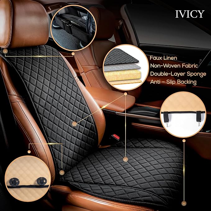IVICY Faux Linen Front Car Seat Cover – Durable, Non-Slip Seat Protector for Cars – 1 Unit, Black