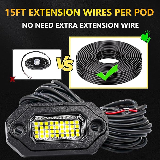 4Pods Metal Bright Pure White LED Rock Lights Kit,Per pod provided 15FT Power Cord,6500K 36LEDs Neon Underglow Light Aluminum Waterproof Fender Lights for Trucks Trailer Jeep Off Road ATV UTV