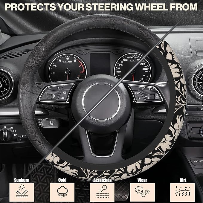 Abstract Flower Steering Wheel Cover, Elastic Non-Slip Steering Wheel Protector,Auto Interior Decor for Women Girls,Universal 15" Fit for Sedans,Trucks