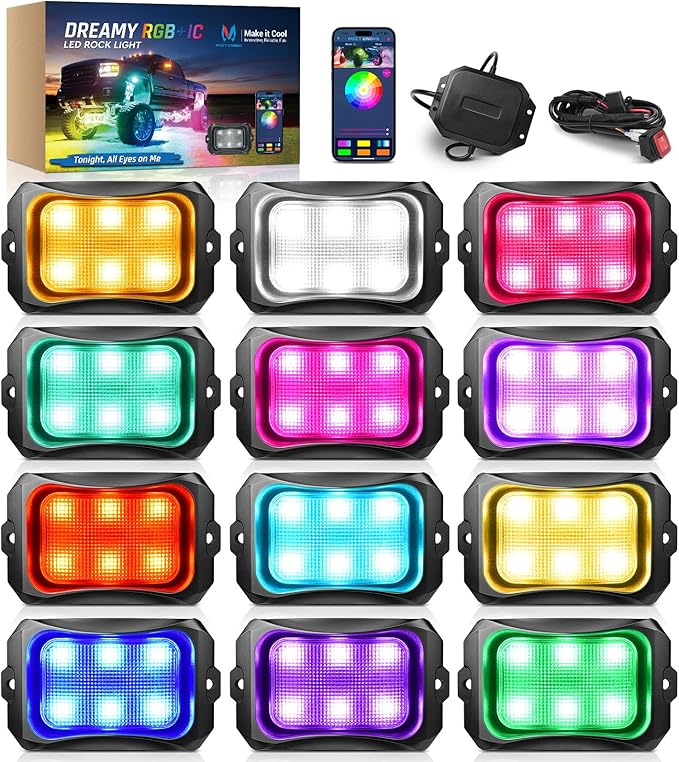 MICTUNING C2+ RGB+IC Rock Lights - 12 Pods Dynamic Chasing Color Underglow Neon Kit, Extensible to 24 Pods, Bluetooth APP Control & IP68 Waterproof, for Trucks Cars ATV UTV Golf Cart (2 Year Warranty)