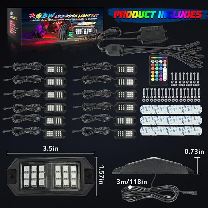 12 Pods RGB Rock Lights for Trucks,Multi Chasing Color App/Remote Control Led Rock Lights with Music Mode Underglow Kits for Cars Jeep UTV SUV ATV