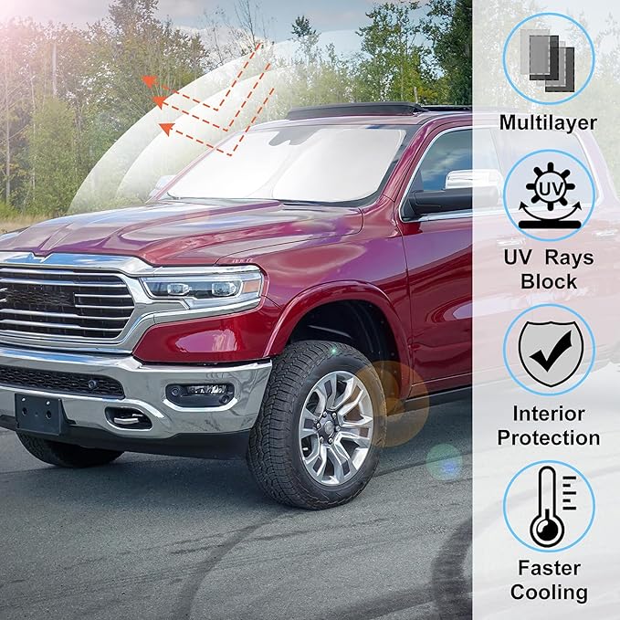 Windshield Sun Shade Fit for 2010-2024 2025 2026 Dodge RAM 2500 3500 Accessories Foldable Sunshade Sun Blocker Protect Car from Heat Damage