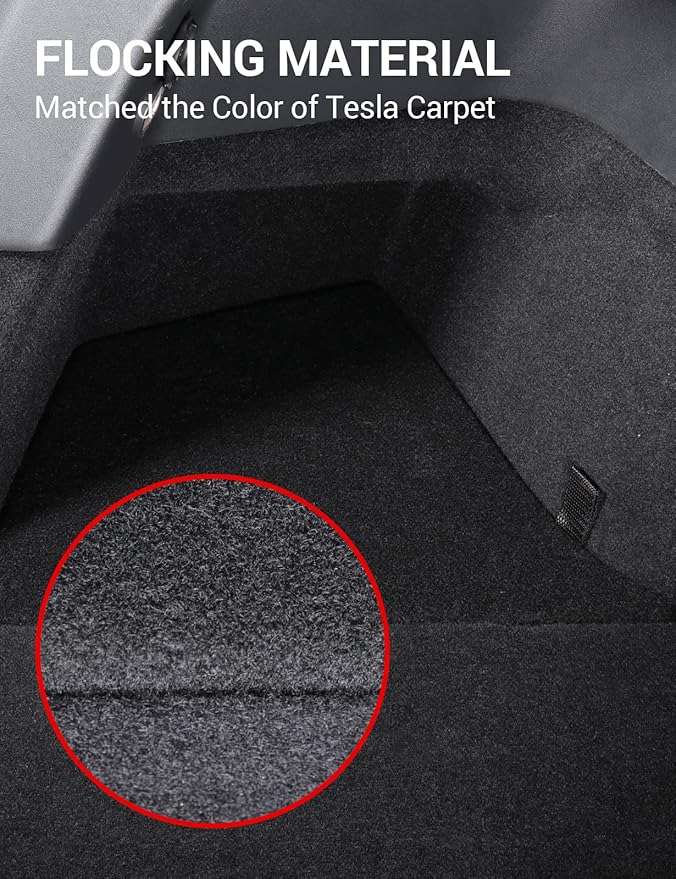 BASENOR 2020 2021 Tesla Model Y Trunk Organizer, (Proprietary Design) Waterproof Rear Trunk Storage Bins Side Box with Carpeted Lip Interior Accessories Set of 2 for 5-Seater
