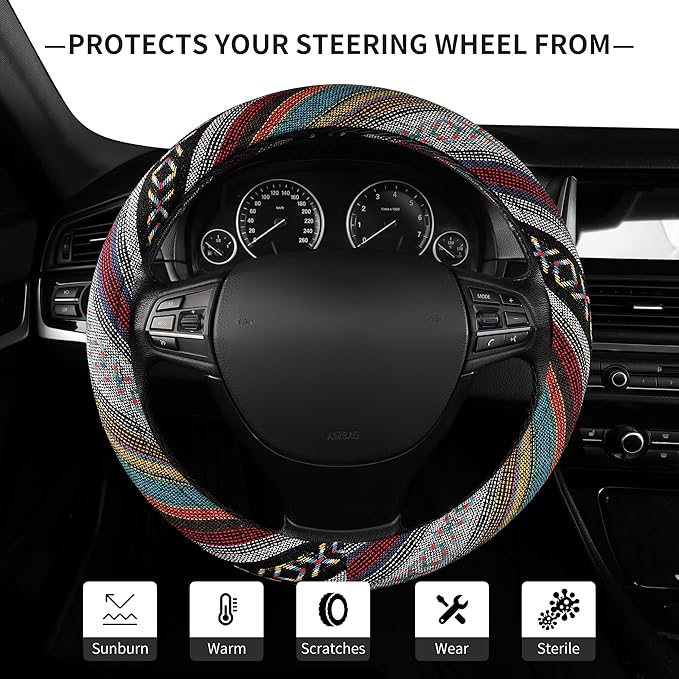 GXT 15 inch New Baja Blanket Car Steering Wheel Cover Universal Fit Most Cars Automotive Ethnic Style Coarse Flax Cloth (Red Blue)
