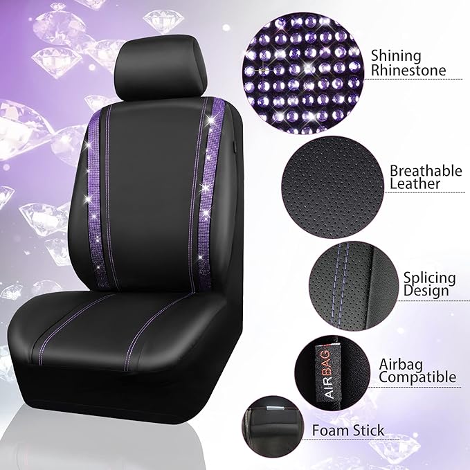 CAR PASS Leather Diamond Bling Car Seat Cover 2 Front Interior Sets, Waterproof Universal Shining Glitter Crystal Sparkle Fit for 95% Automotive Truck SUV Cute Women Girl, Black Purple Rhinestone