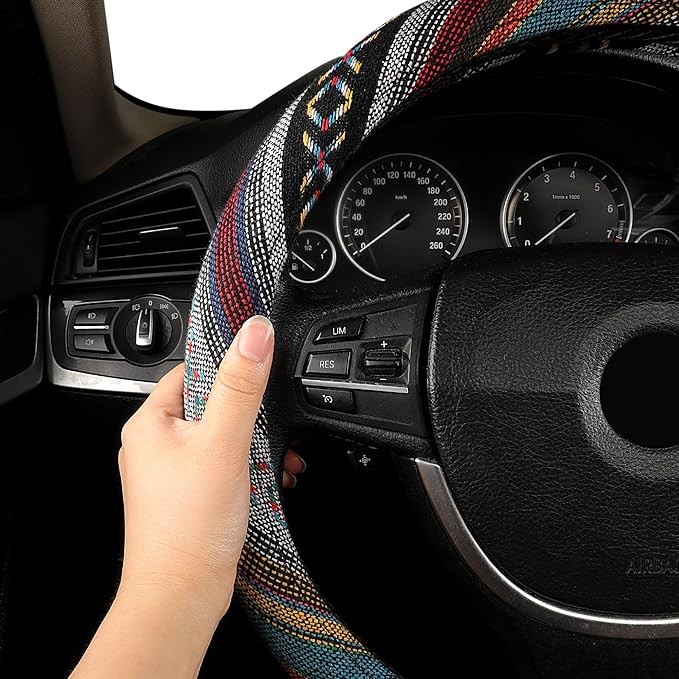 GXT 15 inch New Baja Blanket Car Steering Wheel Cover Universal Fit Most Cars Automotive Ethnic Style Coarse Flax Cloth (Red Blue)