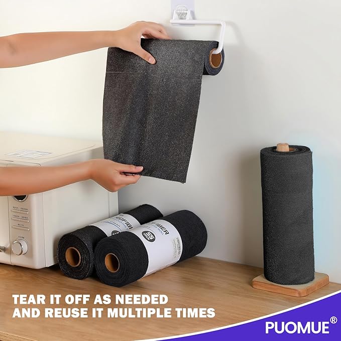 Puomue 55 Pack Microfiber Cleaning Cloth Roll, Tear Away Reusable Towels, 11" X 9", Ultra Absorbent & Lint Free Microfiber Cloth for Cleaning Cars, Kitchen, Window, Home and Shop, Black