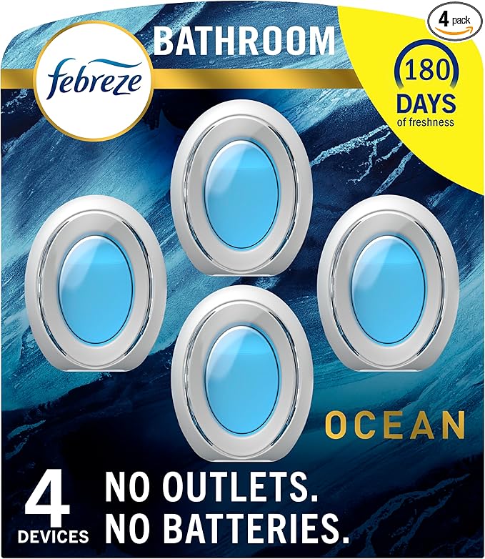 Febreze Bathroom Air Freshener, Odor-Fighting, Plug In Alternative, Air Fresheners for Small Spaces in Home, Bathroom, Kitchen, & Closet, Pet & Litter Box Odor Fighter, Ocean Scent, 4ct