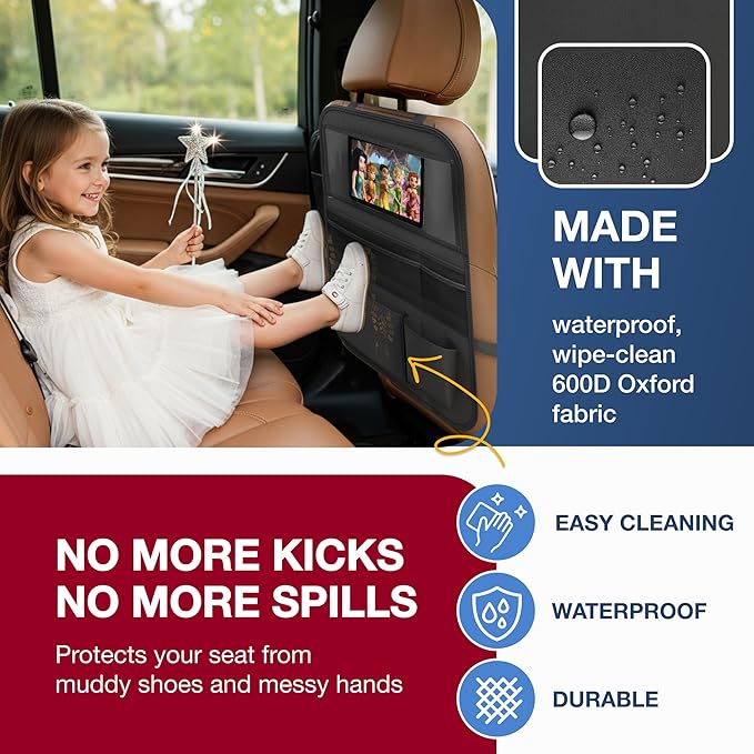 Car Backseat Organizer with Tablet Holder (2-pack) - Updated 2025 Oxford 600D Car Storage Organizer, Foldable Car Tray Kids, Road Trip Essentials, Back Seat Protector Kick Mats, Travel Accessories