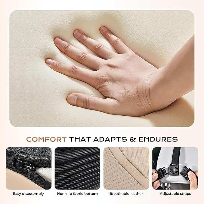Coverado Upgraded Lumbar Support Headrest Pillow One Piece, Ergonomic Memory Foam Car Neck Pillow & Back Support with Adjustable Straps, Soft Leather Cushion for Back Neck Sciatica Pain Relief, Beige