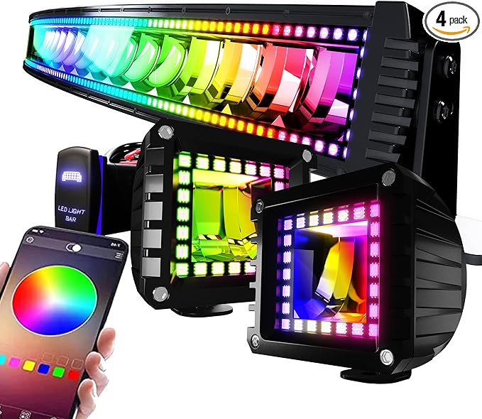 42" Curved RGB LED Light Bar 2X 4 Flood LED Pods with Chasing RGB Halo 16 Solid Colors Offroad Driving Fog Lights with Switch Wiring Harness