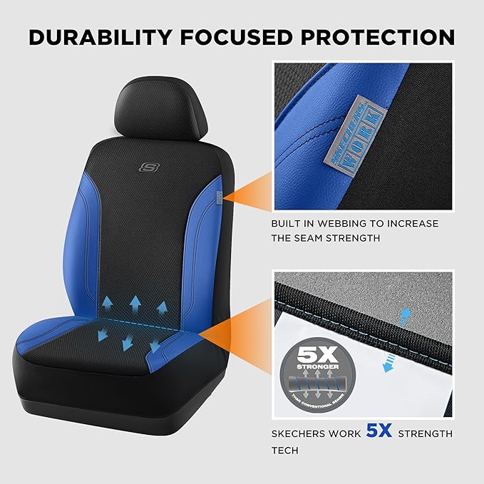 Skechers Car Seat Covers, Work Leather Seat Covers 5-Times Stronger Built-in Webbing, Oxford Fabric Seat Cover Full Sets, Airbag Compatible, Automotive Comfort for Cars, Trucks, SUVs,Blue