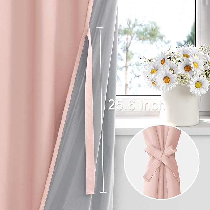 XWZO 100% Blackout Curtains 63 Inches Long - Heat and Full Light Blocking Window Treatment with Black Liner for Bedroom/Nursery with Tiebacks, Grommet Top, Blush Pink, W42 x L63, Set of 2