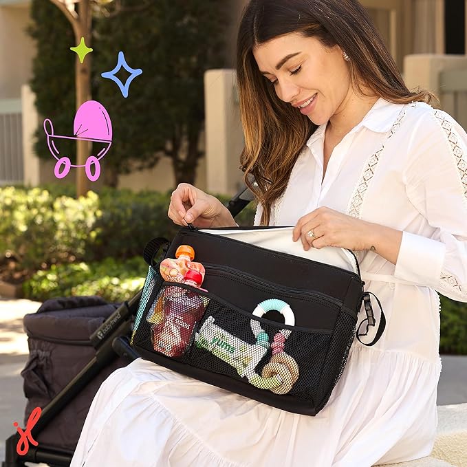 J.L. Childress Cool 'N Cargo Stroller and Wagon Cooler and Organizer - Universal Fit - Insulated - Attaches to Strollers, Wagons, Walkers and Wheelchairs - Large Capacity - Black
