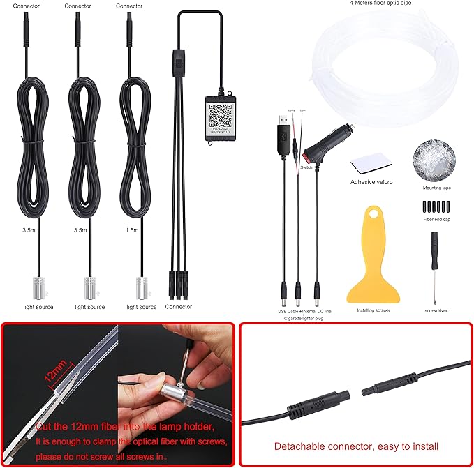 Car Ambient Lighting Optic Fiber 64 Colors Music Sound Active with APP Control Car Decorative Atmosphere Lighting Kit DC 12V 1W 4m