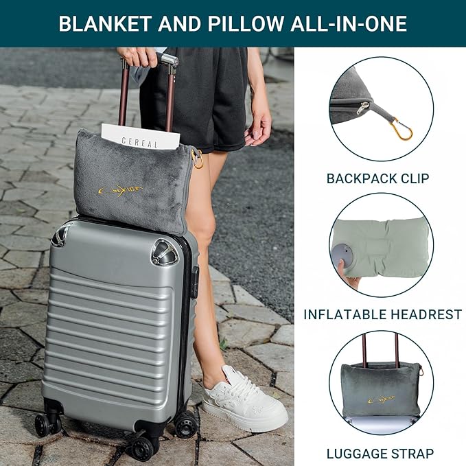 Travel Blanket and Pillow Set for Airplane, 300 GSM Soft Fleece Compact Travel Blanket with Inflatable Pillow and Carry Bag, 60x43 Inches, Grey