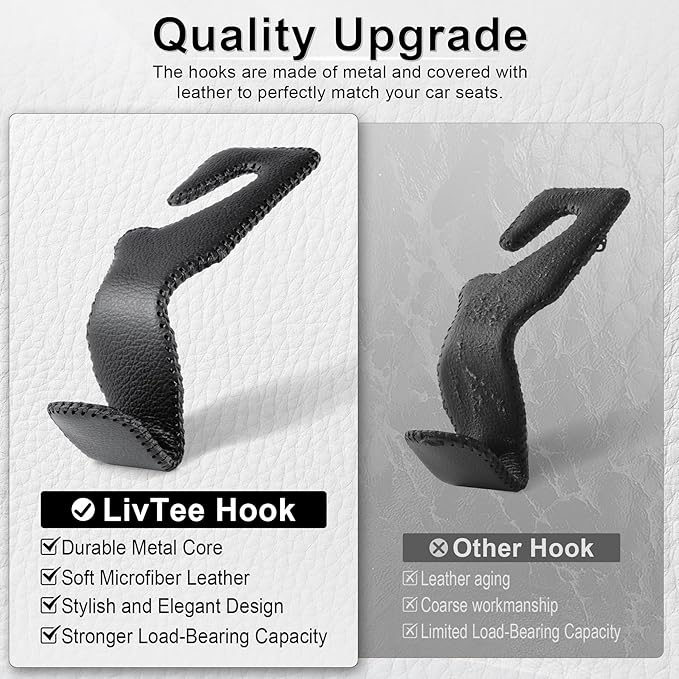 LivTee Headrest Hook for Car, Back Seat Organizer Black Leather Hanger Holder Hook, Interior Car Accessories for Hanging Purses Bags Coats, 4 Pack