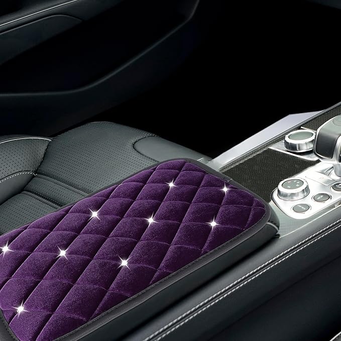 X AUTOHAUX Universal Car Center Console Cover, Plush Fabric Armrest Cushion Pad with Rhinestone Design, Purple