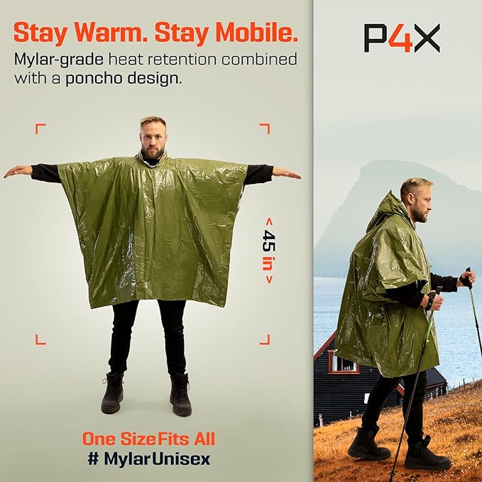 PREPARED4X Emergency Mylar Poncho – Survival Rain Poncho with Hood – Lightweight, Compact, Reusable Emergency Blanket Poncho for Hiking, Camping, Thermal Gear, Car Kit, Outdoors