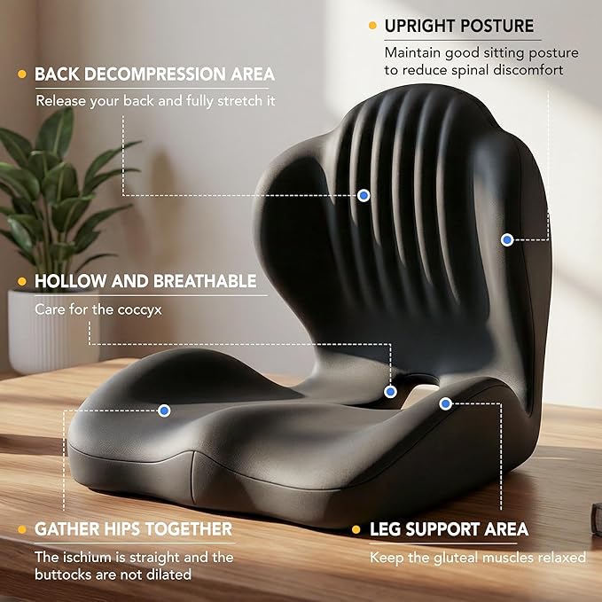Ergonomic Seat Cushion, Office Chair Seat Cushions with L-Shaped Design, Memory Foam Orthopedic Cushion with Coccyx Hollow, Lumbar Support & Tailbone Pain Relief for Car, Truck, Gaming Chair (Black)