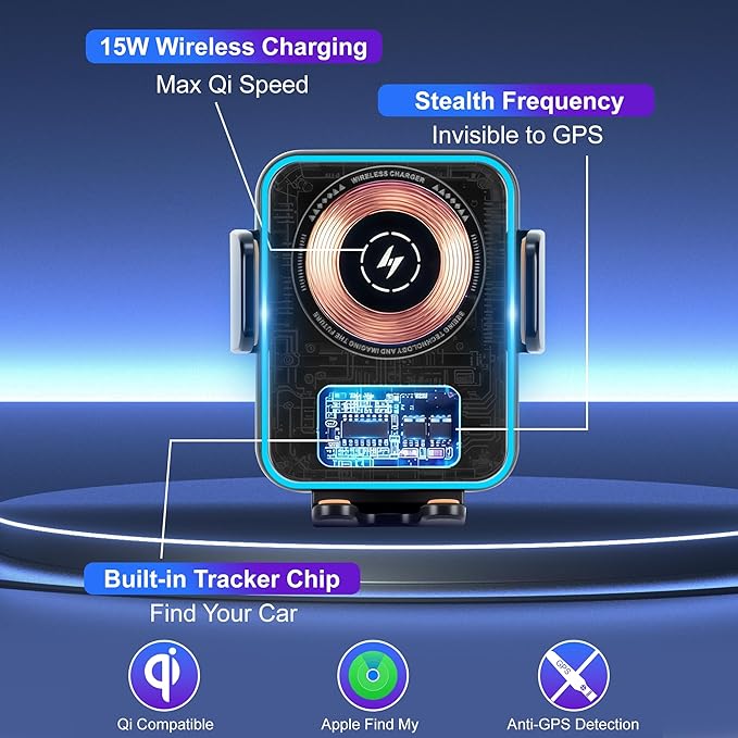 15W Fast Wireless Car Charger with Air Tracker Tag GPS Bulid in(iOS Only)-Air Vent Phone Mount, Works with Apple Find My, Hidden＆Undetectable (Wireless Car Charger with Tracker)