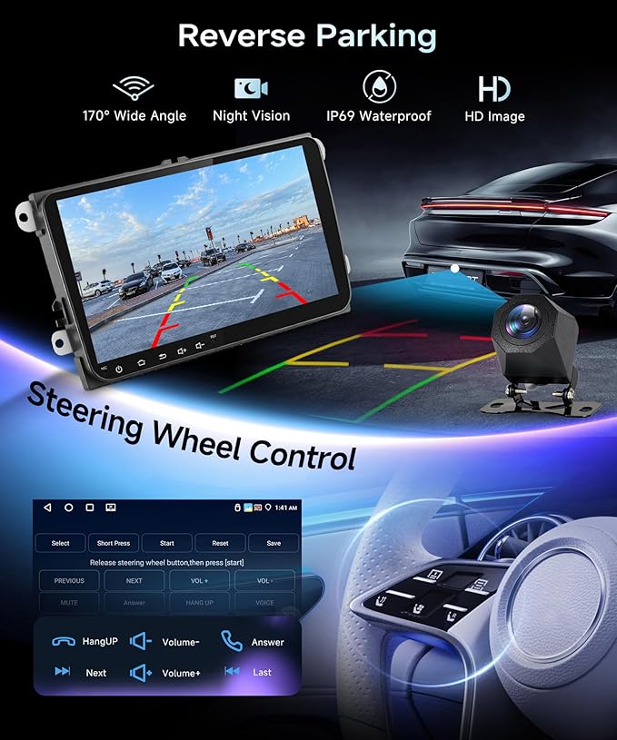 Rimoody 9‘’ Android Car Stereo for VW Passat Jetta Tiguan Golf MK5 MK6 T5 EOS Polo Touran Seat Sharan, 4G+64G Touchscreen Radio Wireless CarPlay Android Auto, GPS BT-5.0 FM 5G-WiFi 32EQ Backup Camera