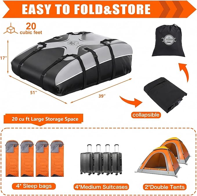 Sailnovo Rooftop Cargo Carrier Roof Bag,20 Cubic feet Soft PVC Waterproof Roof Bag for Most Vehicles with/Without Rack with Strap,Anti-Slip Mat,Padlock,Foldable Car Top Carrier for Road Trip Camping