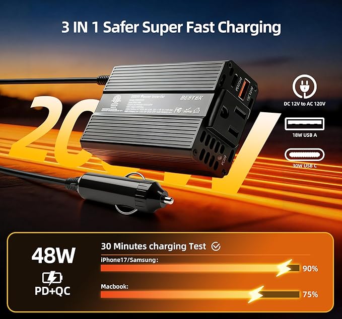 BESTEK Power Inverter DC 12V to AC 110V - 200W Car Plug Adapter Outlet PD 30W USB-C & QC18W USB-A Fast Charging Port - Car Charger Cigarette Lighter Adapter for Phone, Laptop - ETL FCC Certified
