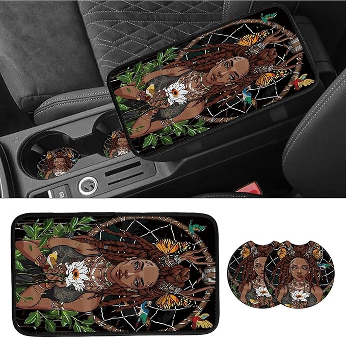 Car Armrest Cover Pads Universal Fashion Cute Auto Center Console Armrest Cover Pad with 2PCS Car Coasters Soft Waterproof Car Armrest Seat Protector for Women, African American Girl