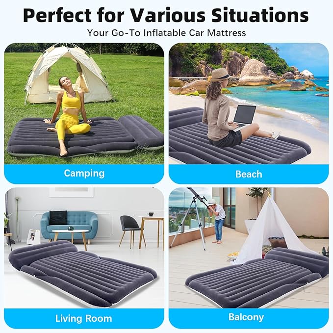 KMZ SUV Air Mattress with 2 Pillows – Thickened and Flocked Car Bed – Portable Travel Pad for Camping & Road Trips – Quick Inflate & Deflate with External Pump – Navy Blue+Light Gray