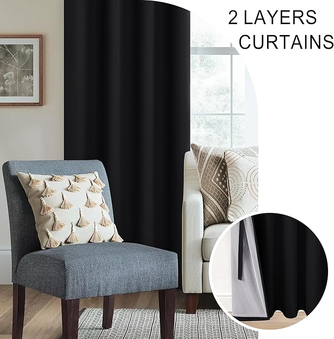XWZO Full Shading Blackout Curtains 72 Inches Length - Heat and Light Blocking Ring Top Window Drapes with Black Liner Backing for Bedroom Sewn with Tiebacks, Black, W52 x L72, Set of 2