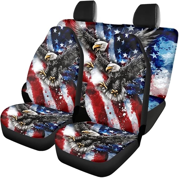 KEIAHUAN Front and Back Car Seat Covers American Flag Eagle Front Seat Cover and Split Rear Bench Seat Cover 4th of July Patriotic Automotive Interior Accessories