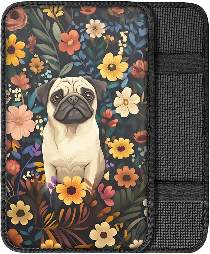 UNICEU Pug Floral Car Center Console Armrest Cover for Women Auto Interior Decor Neoprene Armrest Box Protector Cover Pad, Scratch Proof Non Slip Automotive Armrest Pads
