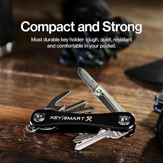 KeySmart Rugged - Multitool Key Holder for Keychain w/Bottle Opener and Pocket Clip, Organizer for Keys, EDC Keychains, Ring for Car Fobs Key Chains, Expandable (Up to 14 Keys, Black)