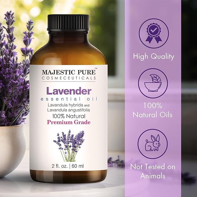 Majestic Pure Essential Oil with Glass Dropper - 100% Pure and Natural - Essential Oils for Diffuser, Aromatherapy, Soap and Candle Making, Lavender Essential Oil, Lavender Oil, 2 Fl Oz