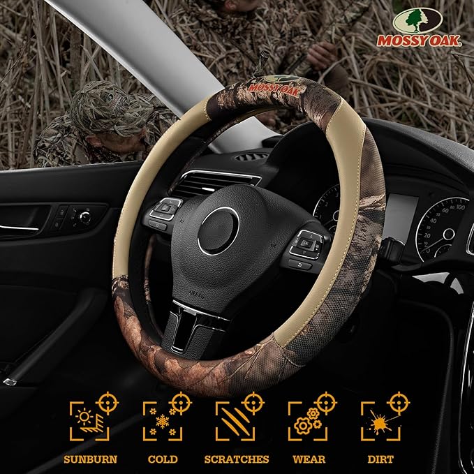 Mossy Oak Full Camo Steering Wheel Cover - Made from Premium Leather, Universal Fit for 14 1/2 to 15 inches - Official Licensed Product - Beige Color