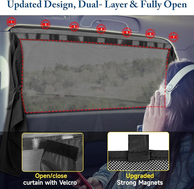 Car Window Shades, [2025 Updated] 2 Pack Car Sun Shade for Baby, Double Layer & Fully Open, Magnetic Back Window Curtain, Sun Shade Covers Privacy Screen
